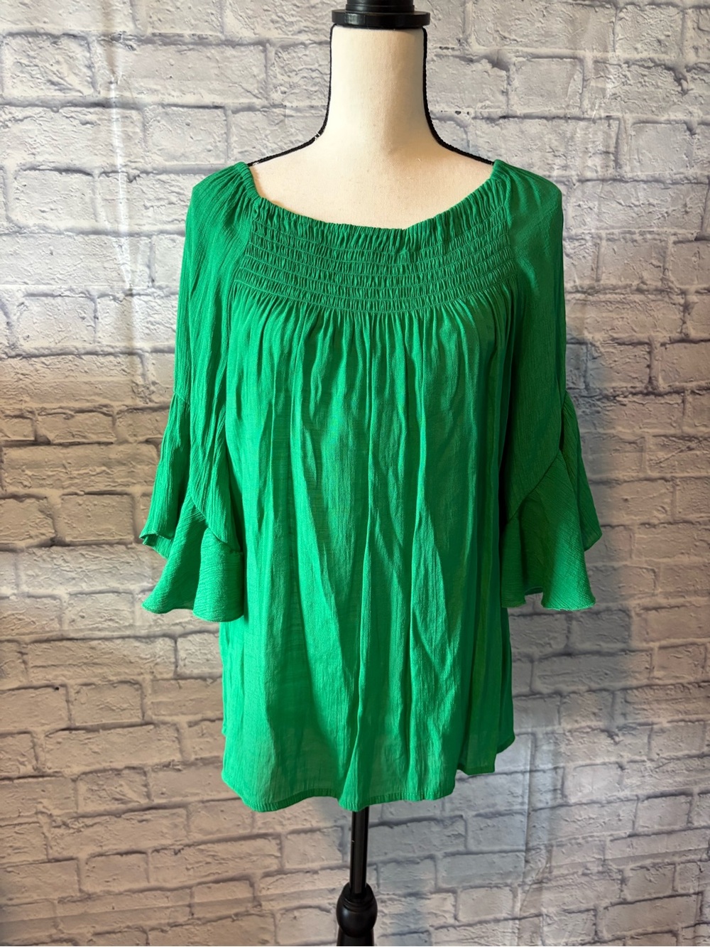 Cato Emerald Green Smocked Square Neck Bell Sleeve Tunic